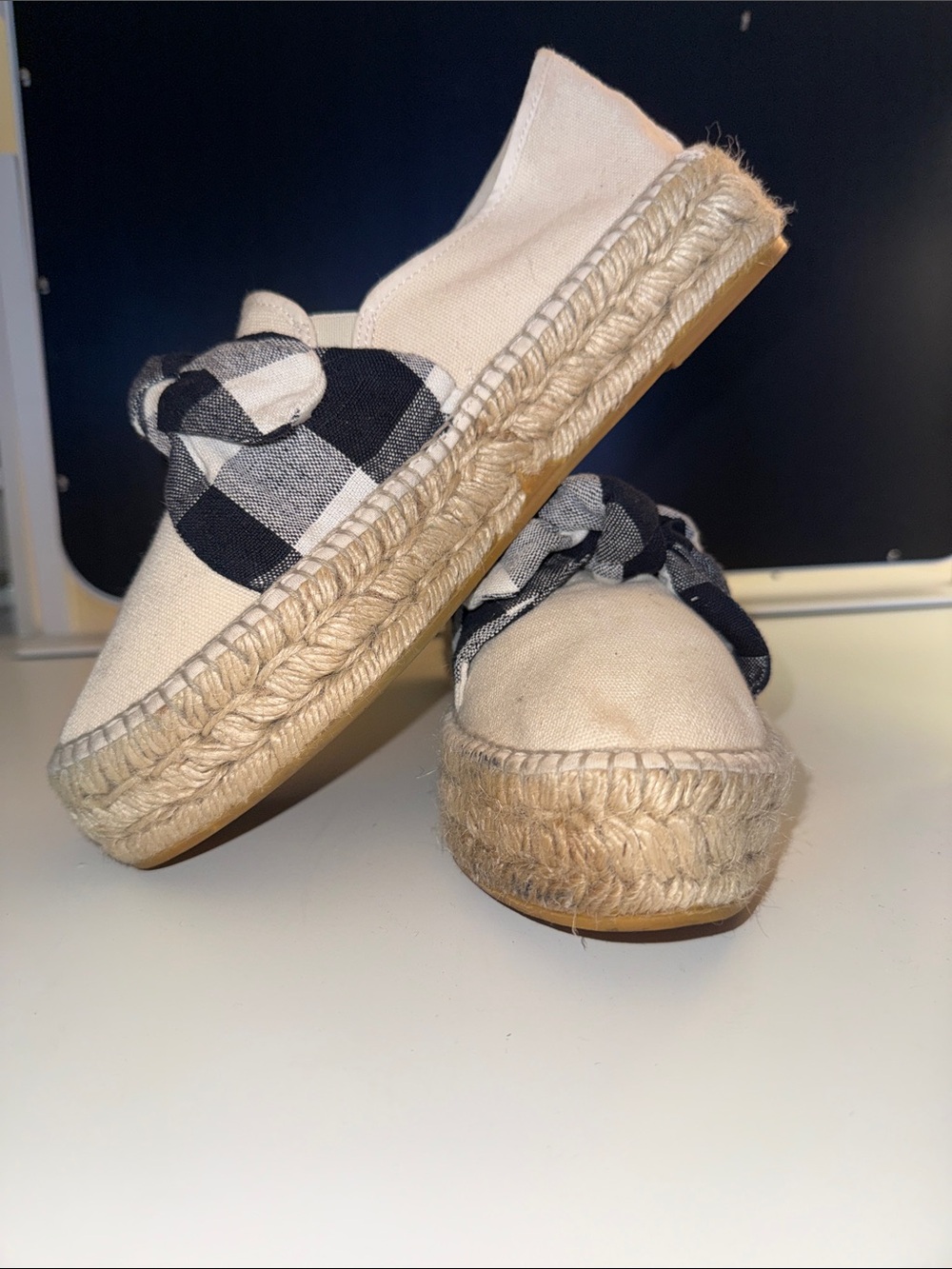 Loeffler Randall Cream Canvas Espadrille Slip-Ons with Black Buffalo Check Bow